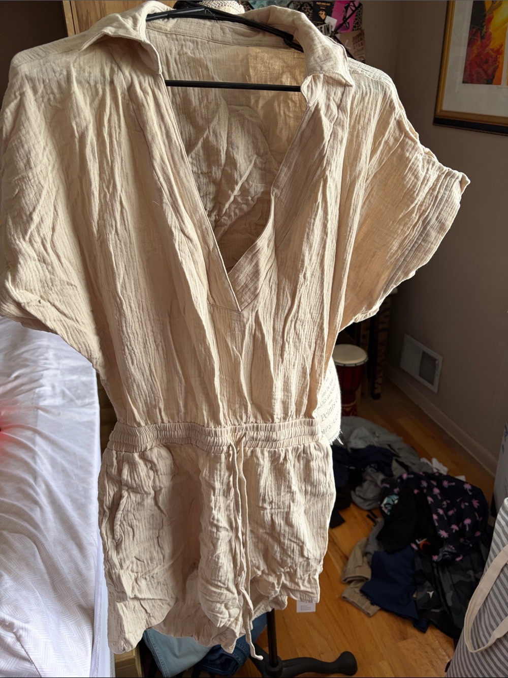 Cupshe Cream Beige Cotton Crinkle Swim Coverup Romper - Medium NWT